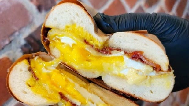 Bacon, egg, and cheese on a plain bagel