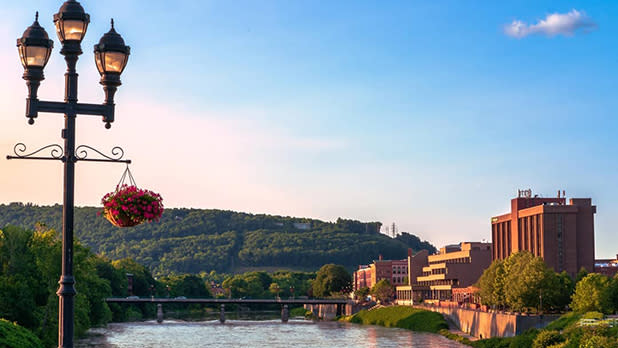 A flower pot hangs from a trident lamppost at the edge of a waterway with buildings and green hills in the background in Downtown Binghamton