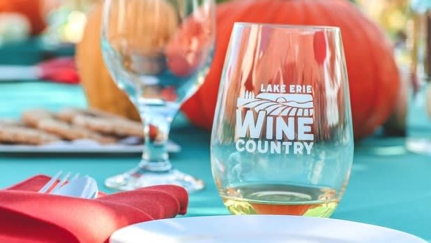 A stemless wine glass that says "Lake Erie Wine Country" with white wine sitting on a blue table cloth