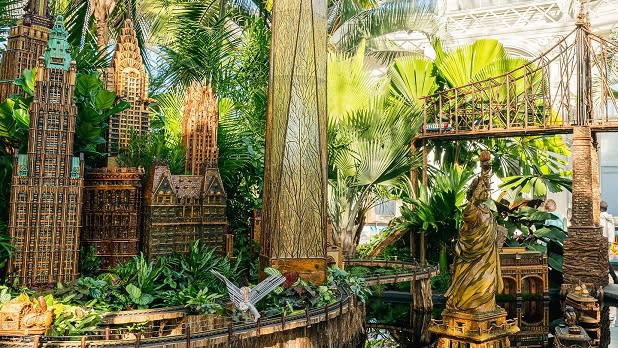 The Statue of Liberty and other landmarks made of plant material at the New York Botanical Garden Holiday Train Show