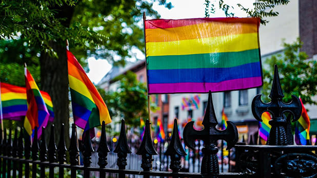 Pride flags line a black-iron fence along a New York City street