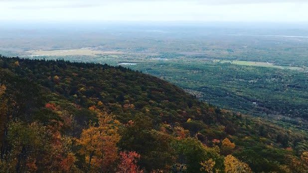 A view looking out at the Catskills from the Catskill Mountain House Overlook