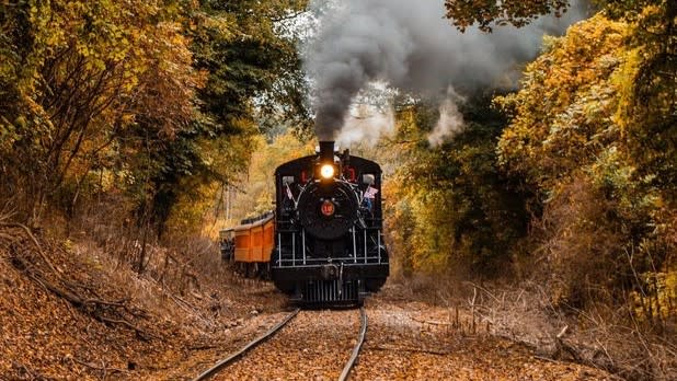 A steam engine cruises down the tracks surrounded by fall foliage.