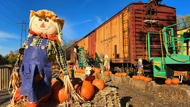 A scarecrow standing amid hay bales and pumpkins with a train in the background