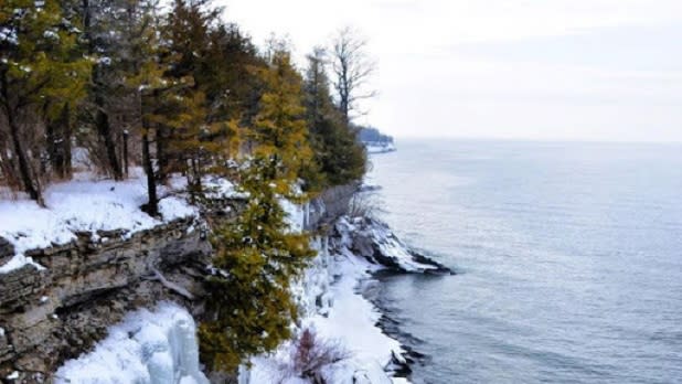 Snow covered cliffs with pine trees look out at Lake Ontario