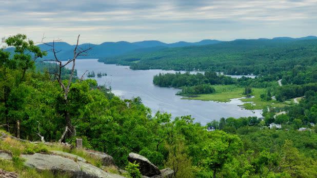 View of Lake George and surrounding greenery from the summit of Stewart Mountain