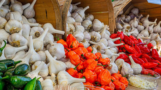 Fresh garlic bulbs spill out of large wooden buckets along with bright red, orange and green peppers at the Hudson Valley Garlic Festival