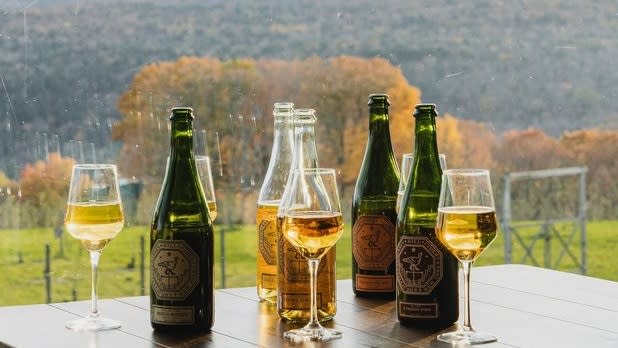 Bottles and glasses of cider sit on a table with a back drop of the Catskill Mountains