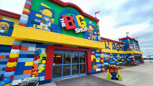 The colorful brick exterior of The Big Shop at LegoLand