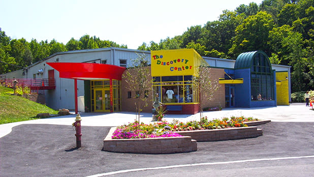 The multicolored front of the discovery center building in Binghamton