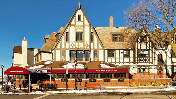 The Tudor-style façade of the Red Coach Inn in Niagara Falls