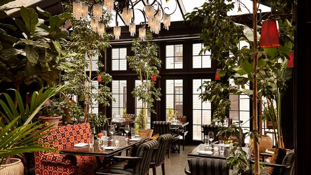 interior of The Maker, housed in a glass conservatory filled with layers of greenery