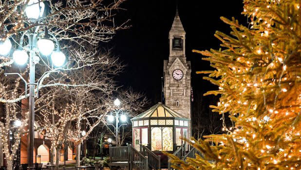 trees decorated in bright holiday lights surround a clock tower