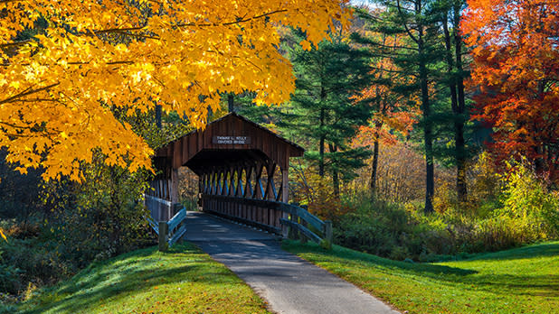 The quaint Thomas Kelly Covered Bridge stands surrounded by trees in bright yellow, green, and red