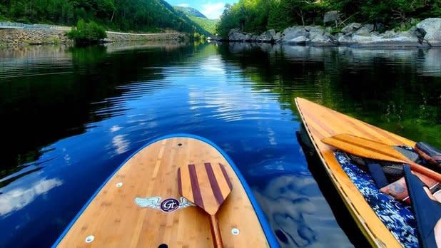 two paddle boards on Cascade Lakes