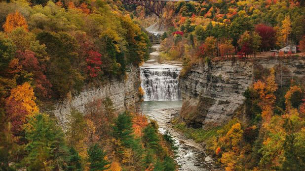 Aerial view of the reds, oranges, yellows of fall surround a water fall