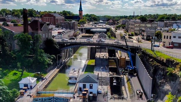 Aerial view of the Erie Canal and the city of Lockport, NY
