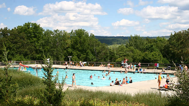 A pool with swimmers in it