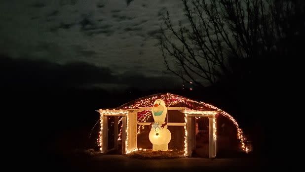 A winter holiday light display with Olaf the Snowman