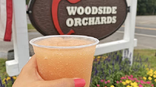 Cup of frozen cider being held in front of a brown sign that says Woodside Orchards