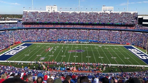 Fans fill the stands of Highmark Stadium as the Buffalo Bills take the field
