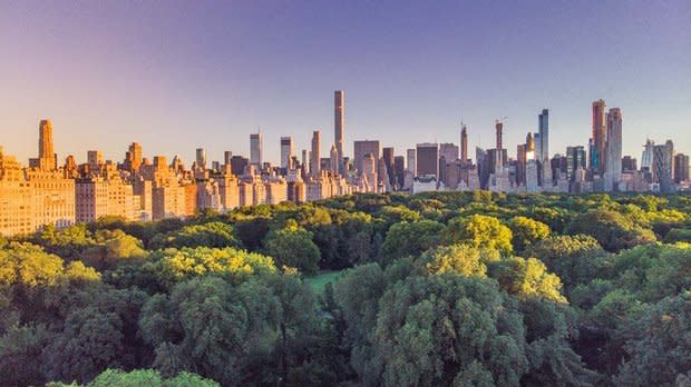 Manhattan skyline around Central Park at sunset, New York City.