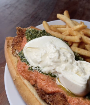 Chicken cutlet sandwich with fries