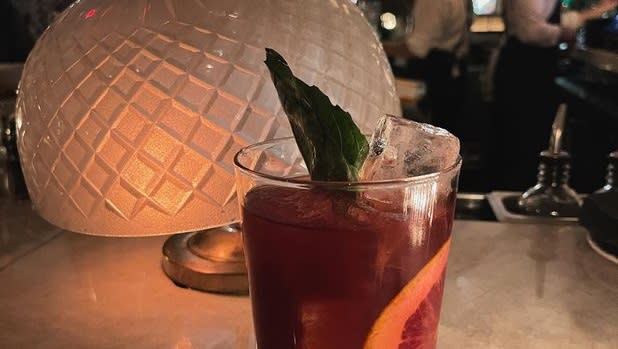 A dark red cocktail with a blood orange garnished with a green leaf