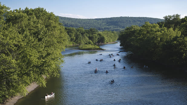Aerial view of paddlers on the New York Susquehanna Basin Water Trail