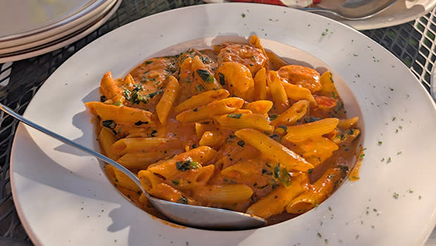A plate of penne pasta covered in creamy tomato sauce with herbs from Little Italy Restaurant in Tupper Lake. A serving spoon rests in the dish, set on an outdoor table under sunlight.