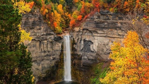 View of Taughannock Falls surrounded by vibrant oranges and reds from the scenic overlook