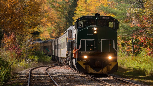 An Adirondack Railroad train travels on a curved track through a forest during autumn with trees lining the tracks filled with vibrant yellow, orange, and red leaves.