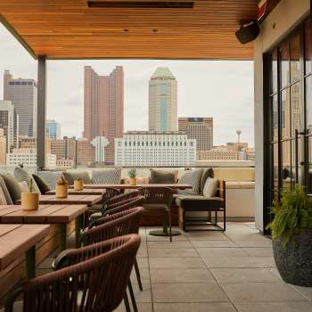 A view of the Columbus skyline from The Brass Eye, a rooftop bar at The Junto