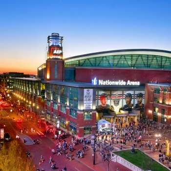 View of Nationwide Arena during a Columbus Blue Jackets hockey game in the Arena District in Columbus.