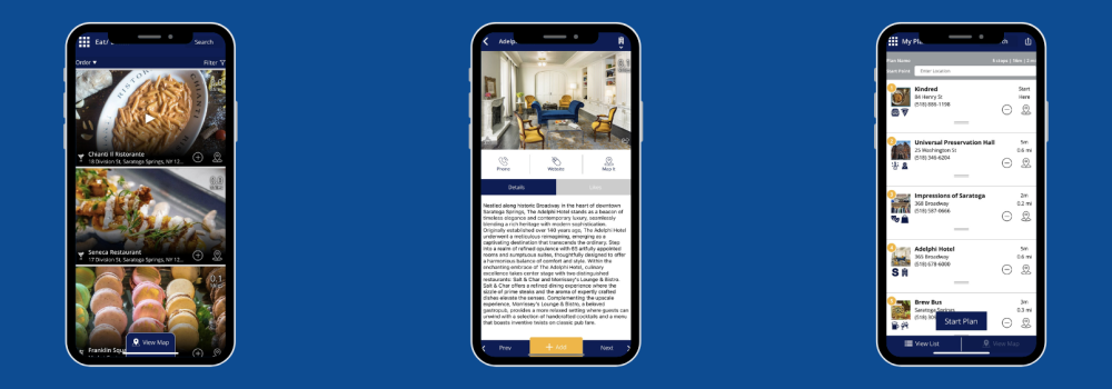Three screenshots of the Discover Saratoga mobile app