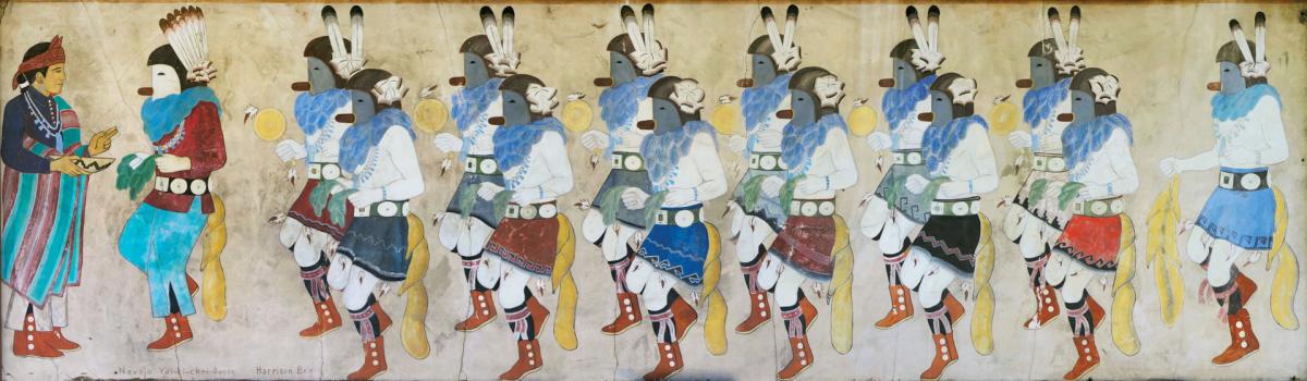 A young Harrison Begay focused on his Navajo tribe’s Yeibichai dancers in one of the Maisel murals, New Mexico Magazine