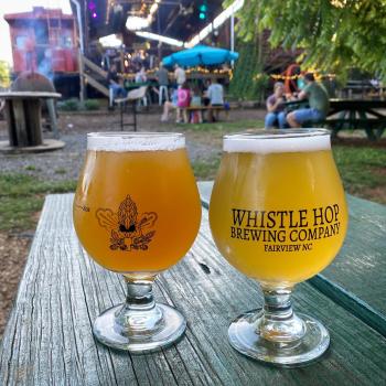 Two beers placed on a picnic table at Whistle Hop Brewing