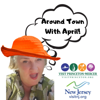 April Sette in an Orange hat with a talk bubble saying Around Town with April