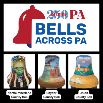 Picture of the three America 250 PA Bells Across America bells that we sponsored in our three counties. Each bell has a unique design by a local artist.