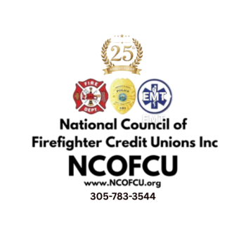NCOFCU 25th Anniversary logo with fire, police, and EMT badges; National Council of Firefighter Credit Unions Inc; www.ncofcu.org; 305-783-3544.