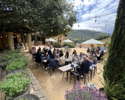 String lights and greenery surround tables filled with people on the back patio of Tuscan House Vineyards.