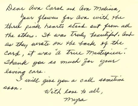 Thank you note to Ava Thompson and Ava Malissa from Myra Gardner Pearce