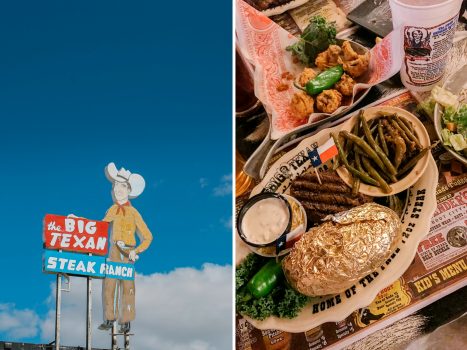 collage of an exterior shot of the big texan and a plate of food with steak and sides