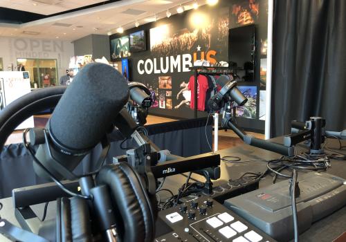 Microphone set up in Columbus Visitor Center