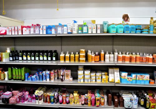 shelves of personal hygiene products