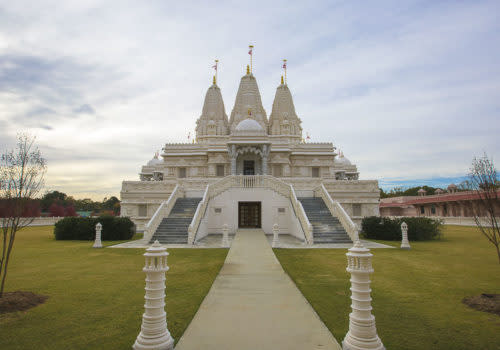 Front, outside view of BAPS Shri Swaminarayan Mandir in Atlanta, Georgia