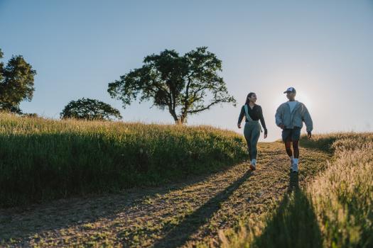 Two hikers on an open trail with the sun and scattered trees behind them