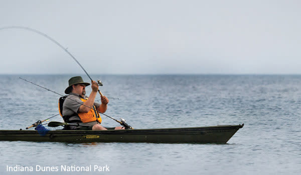 Man Kayak Fishing at the Indiana Dunes