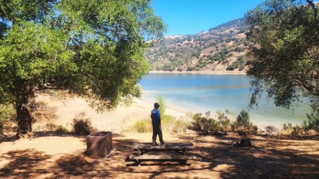 A hiker looks out to Coyote Lake through the trees from a day-use picnic area.