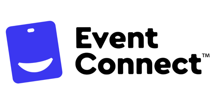 Blue tag with a smile and the words Event Connect